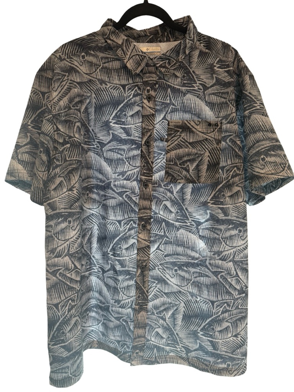 Columbia PFG Fish Print Fishing Shirt Men’s XL Gray Button Up Short Sleeve